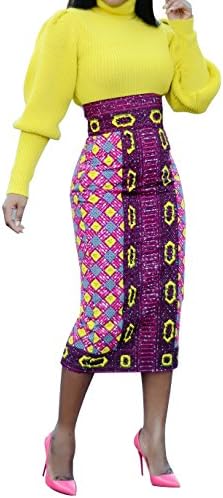 Ermonn Women African Print Knee Length Skirt Slim Fit Midi Pencil Skirt