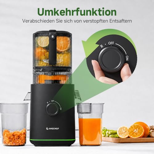 AMZCHEF Slow Juicer, 160 mm Filling Opening for Whole Fruits and Vegetables | 2.5 L cold press juicer for fresh juices, sorbet and nut milk, high juice yield, quiet, easy to clean, matte black