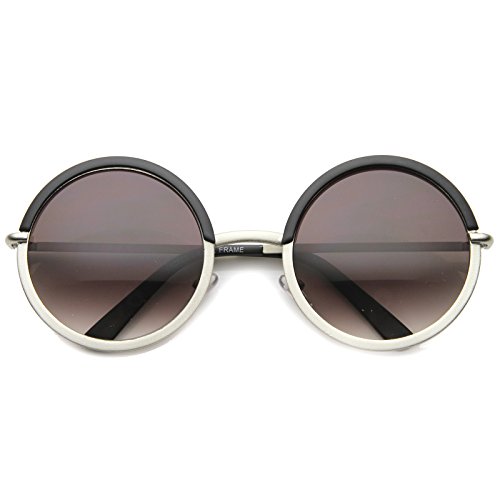 Oversize Two-Toned Frame Slim Metal Temple Gradient Lens Round Sunglasses 54mm (Black-Silver/Lavender)
