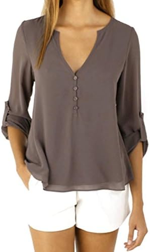 Women's Casual Button Down Shirt Tops 3 4 Cuffed Sleeve V Neck Chiffon Blouses
