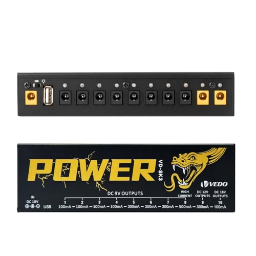 VEDO VD-SK3 Fonte de Alimentação para Pedal de Efeito de Guitarra com 10 Saídas Isoladas (9V, 12V, 18V) Proteção contra Curto-Circuito e Sobrecorrente - Fonte Estável para Pedais de Guitarra 110V-240V