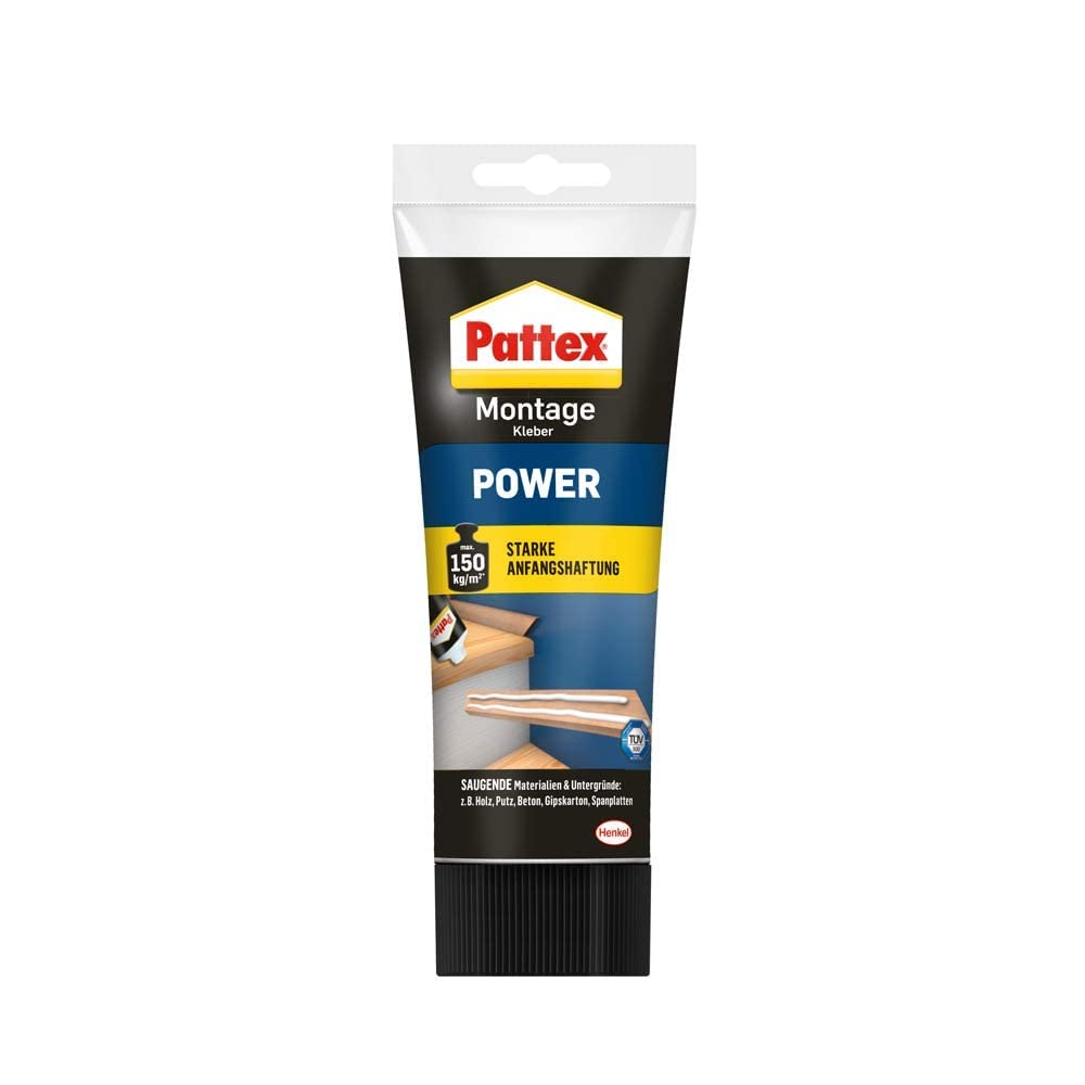 Pattex Montagekleber Power, Baukleber mit starker Anfangshaftung, Kraftkleber für saugende Materialien, Kleber für innen & außen, 1 x 250g