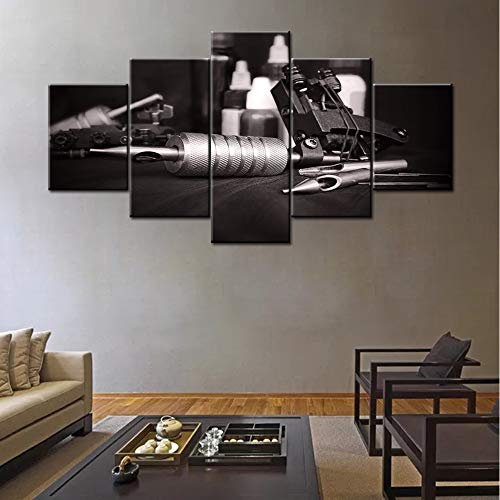 Living Room Decor Tattooing Machine Pictures Tattoo Instrument Wall Art Grey Paintings Multi Panel Printed on Canvas Vintage Artwork for House Giclee Framed Stretched Ready to Hang(60''W x 32''H)