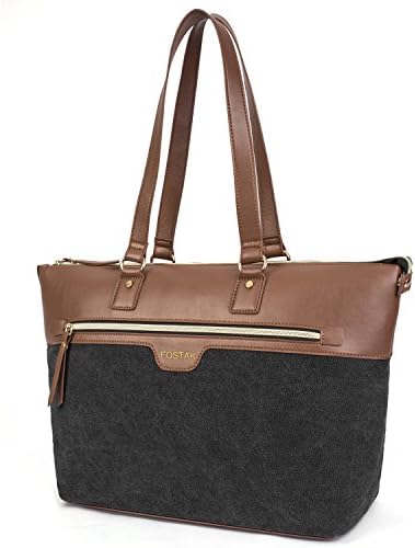 FOSTAK Ladies Laptop Tote Bag 15.6 Inch, Canvas Leather Stylish Multi-pocket Travel Business Casual Shopping Shoulder Bag Carrying Briefcase Handbag for Women 13 14 15" Laptop Notebook MacBook,Black