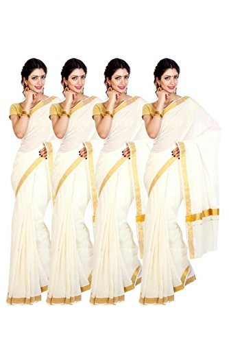 selvamani tex cotton kerala kasavu zari saree with blouse pack of 4