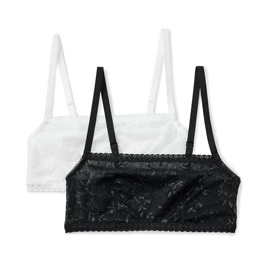 Amazon Essentials Brassière en Dentelle Extensible à Col Carré Femme, Lot de 2, Noir/Blanc, M