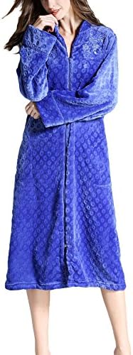 ONAMANO Women's Embroidered Stand Collar Fleece Robe Full Length Long Sleeve Fluffy Plain Zip Front Bathrobe Pocket