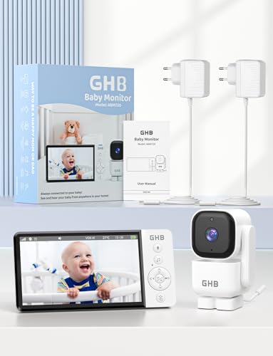 GHB Baby Monitor Video and Audio 5 Inch 720HD 168 Hours Battery Life Screen, 350° Rotating Camera, Temperature Detection, Two-Way Intercom, VOX, Night Vision