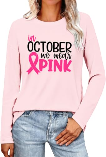 CQF Breast Cancer Shirts for Women Pink Ribbon Long Sleeve in October We Wear Pink Tee Cancer Awareness Tops at Amazon