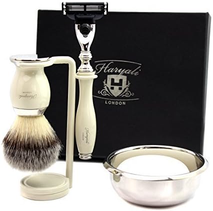 5 Pieces Ivory Colour Resin Made Men's Shaving Set including Precision Triple Edge Cartridge Compatible Head Razor with Synthetic Hair Brush.Gift Set for HIM