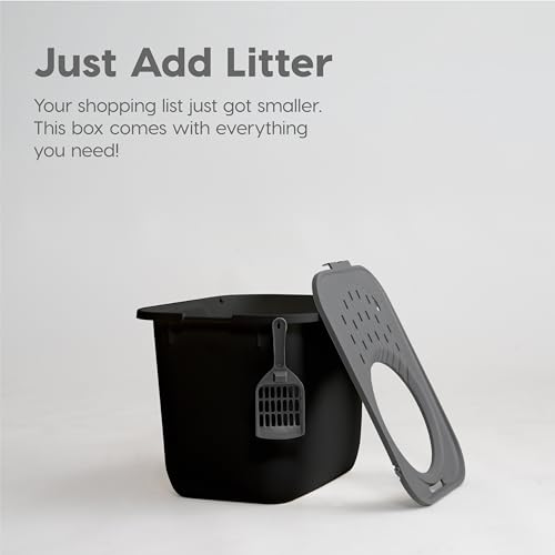 IRIS USA Arenero Rectangular para Gatos con Entrada Superior y Pala, Gran arenero para Gatos, arenero para Gatitos, Negro/Gris