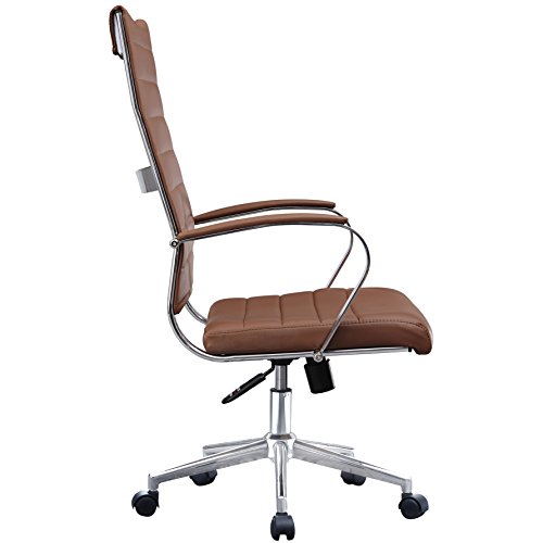 2xhome Brown - Mid Century Modern High Back Tall Ribbed PU Leather Swivel Tilt Adjustable Office Chair Desk Designer Boss Executive Management Manager Office Conference Room Work Task Computer Desk - Thumbnail 3