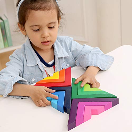 Sealive 12 Piece Wooden Rainbow Stacking Toy, Montessori Rainbow Stacker Toy Building Blocks for Kids Learning Sorting and Stacking, Preschool Nesting Educational Toys Fine Motor Skills Games