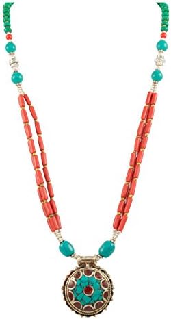 Tibetan Handcrafted Antiqued Silvertone Beaded Turquoise and Red Coral Pendant Necklace, 18"