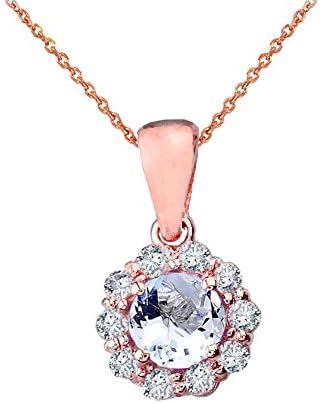 Dainty 14k Rose Gold Diamond Floral Center Stone Aquamarine Pendant Necklace, 22"