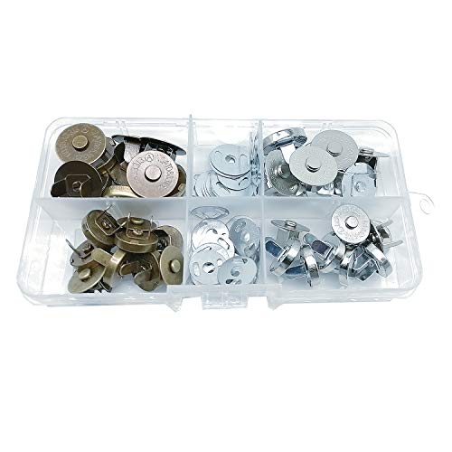 Meikeer 20Set Magnetic Snap for Purse Magnetic Bag Fastener Clasp Button with Storage Box, Silver and Antique Brass (14/18mm)