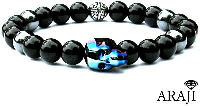 Swarovski Skull Crystal Men's Semiprecious Gemstone Stretch Bracelet Natural High Grade Black Obsidian &amp; Hematite (7.5)