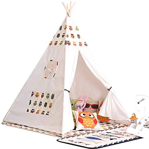 AUNLPB Canvas Teepee,Teepee Tent Children Play Tent with Mat and Carry Case for Indoor Outdoor, Imaginative Games and Gift