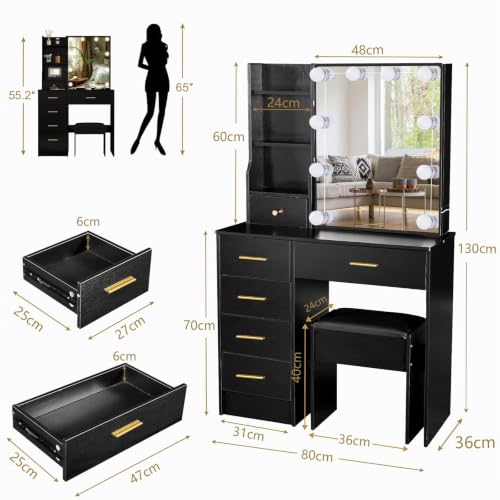 Saimeihome Dressing Table with LED Mirror, Modern Black Makeup Table with Stool, 6 Drawers and 6 Storage Shelves, 3 Lighting Modes, Bathroom Desk for Bedroom (80 x 36 x 130 cm)
