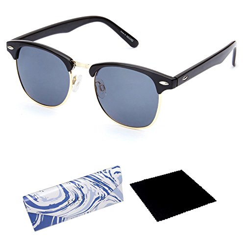 EVEE Unisex Semi-Rimless Clubmaster POLARIZED Sunglasses BLACK + EVEE LIMITED EDITION CASE + MICROFIBER CLEANING CLOTH (E-NDPPBKGY)