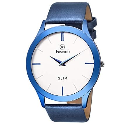 Fascino Mens Watches - Analog Round Silver Dial Slim Watch with Leather Belt | FCW 1071-BL