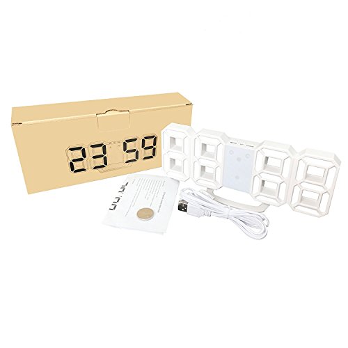 LED Digital Alarm Clock For Desk / Shelf / Tabletop, Modern Home Decoration 3D Wall Clock, Easy To Read at Night, Loud Alarm and Snooze, Big Digit Display (White Frame, White Light)