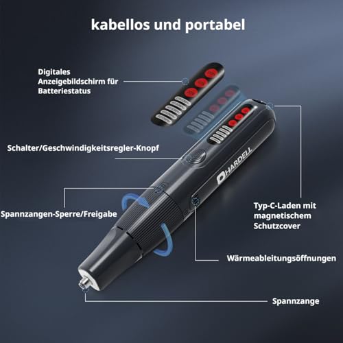 HARDELL Mini Electric Drill 8V, Multifunction Rotary Tool, 5 Speed, 61 Accessories, Digital Display, Type-C, LED Light, Magnetic Suction, For Drilling, Engraving, Polishing, DIY