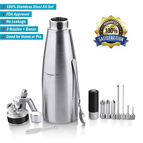Classic All Stainless Steel Whipped Cream Dispenser 1 Quart - Professional Culinary Cream Whipper with Full Set Injector Tips - Professional 2-Pint Size, Free Recipes Included