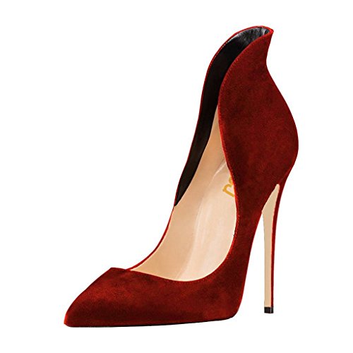 FSJ Women Sexy Prom Pointy Toe High Heels Stilettos Pumps Ladies Closed Toe Slip On Swallow Tailed Dress Party Shoes Size 9 Dark Red