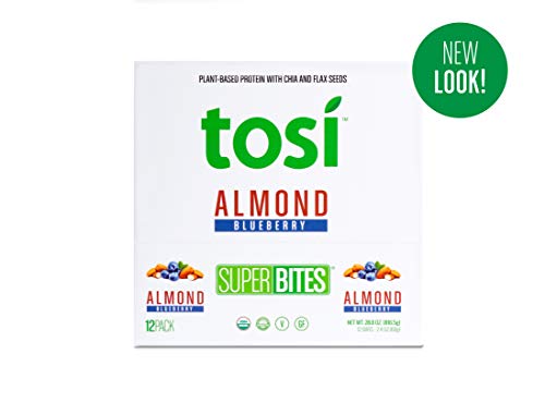 Tosi Organic SuperBites Vegan Snacks, Almond Blueberry, 2.4oz (Pack of 12), Gluten Free, Omega 3s, Plant Protein, Fiber from Flax and Chia Seeds