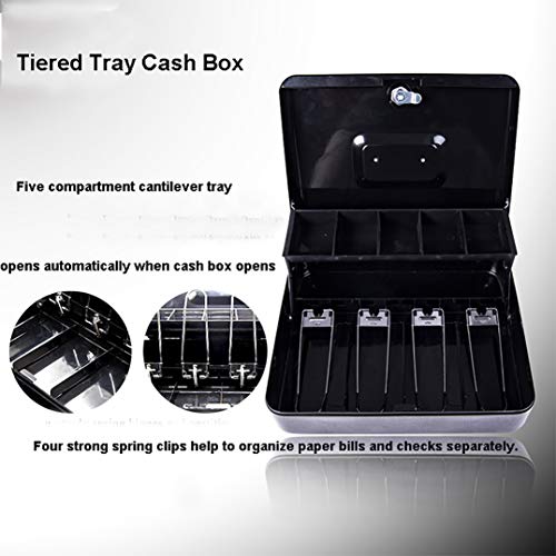 Cash Box,Locking Cash Box with Tiered Money Tray and Key Lock, Black, 0.21 Cubic Feet
