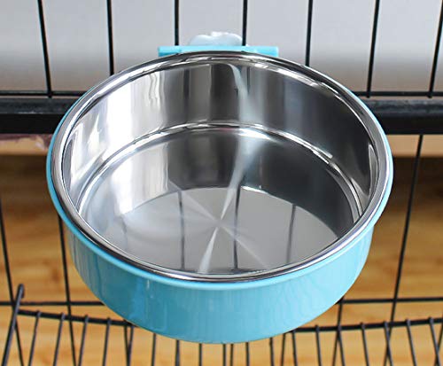 RUBYHOME Dog Bowl Feeder Pet Puppy Food Water Bowl, 2-in-1 Plastic Bowl & Stainless Steel Bowl, Removable Hanging Cat Rabbit Bird Food Basin Dish Perfect for Crates & Cages, Blue