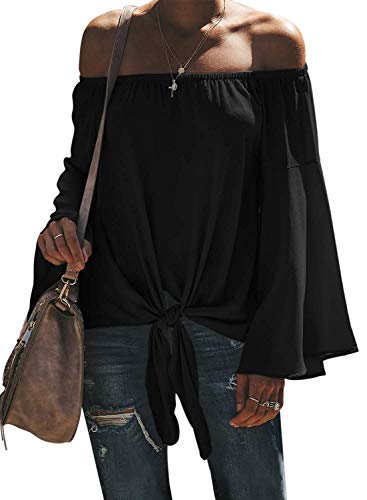 Fall Shirts Womens Sexy Off The Shoulder Tshirts Flare Sleeve Blouses Tops Black M