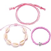 SCRDPRAD 3Pcs Colorful Summer Beach String Wave Bracelets for Women Adjustable Handmade Braided Surfer Ankle Bracelet Boho Sea Shell Turtle Braided Rope Jewelry