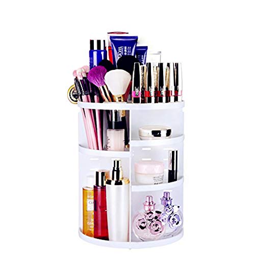 EMOCCI 360 Rotating Makeup Organizer Adjustable Spinning Cosmetic Storage Box Case Large Capacity Make Up Holder Vanity Shelf Fits Counter top Bathroom Kitchen(white)