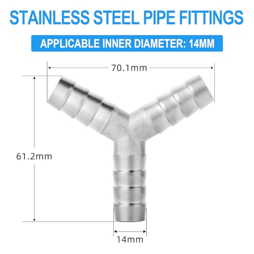 ERGAOBOY 2pcs 14mm Stainless Steel Hose Nozzle T-Piece SUS 304 Hose Fitting T Shape 3 Way Hose Fitting with 6 Pcs Clamp