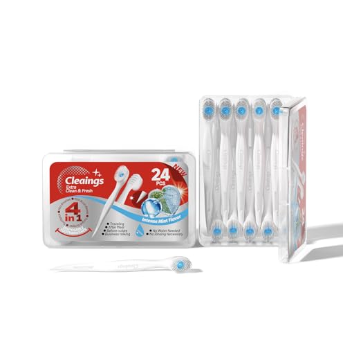 cleaings Mini Travel Toothbrush 24 Pieces, 4-in-1 Disposable Toothbrush with Toothpaste, Waterless & No Rinse, Portable Kit with Tongue Scraper & Toothpick - Strong Mint