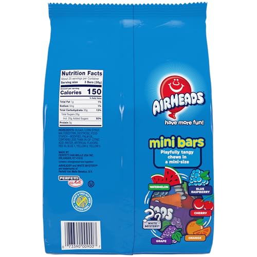AIRHEADS 80 MINI BARS, CHEWY FUN TAFFY CANDY, ASSORTED FRUIT FLAVORS, NON-MELTING, PARTY 32.17OZ (80 COUNT)