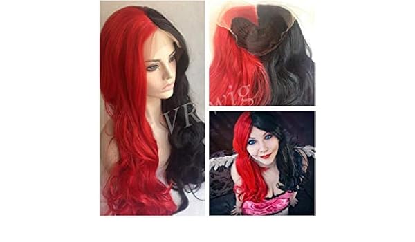 Amazon Com Vrwig Long Curly Half Red Color Half Black Color Heat