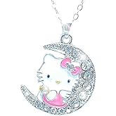CloudyQT White Gold Plated Bow Tie Cat Pendant with Multi-Color Cubic Zirconia Necklace Lovely Cute Cat On the Moon Pendant Necklace