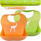 Premium Silicone Baby Bibs Set | Waterproof Silicone Bibs PVC and BPA Free! Designed to Ease Feeding for Babies and Toddlers! Easy to Clean! Roll up Travel!