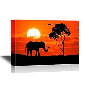 African Savanna Sunset Canvas Wall Art - Elephant on African Savannah at Sunset - Gallery Wrap Modern Home Art | Ready to Hang - 12x18 inches