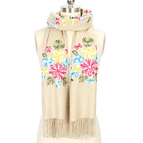 LOUISE&FIONA Women Scarves Floral Embroidery Tassels Cashmere Feel Scarf Wrap Shawl, Beige