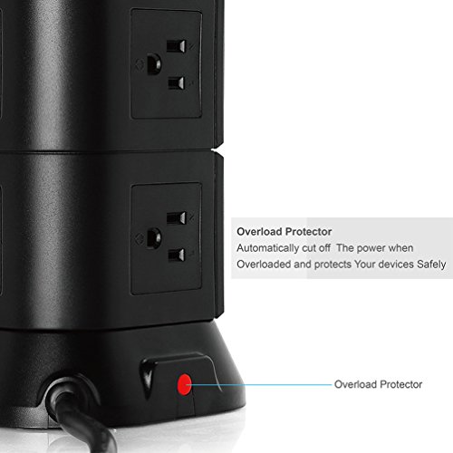 Power Strip Surge Protector 8 Multi Outlets with Overload Protection 3 Prong Plug Multiple Vertical Tower Charging Station with Copper Extension Cord for Home& Office & Workshop-Safemore-Black - Thumbnail 2
