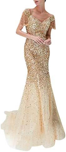 Bestoppen Women Sparkling Gradual Champagne Gold Sequin Mermaid Cap Sleeves Evening Dress Prom Dress, Sexy Showback Sexy Deep V Sleeveless Neckless Dress Long Dress