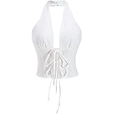 winkbay Women's Y2k Tie Front Halter Top Summer Backless Deep V Neck Party Club Tops Streetwear
