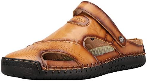 JIONSMens Hand Stitching Outdoor Closed Toe Leather Sandals, Adjustable Heel Strap Slip on Sandals Beach Slippers Shoes