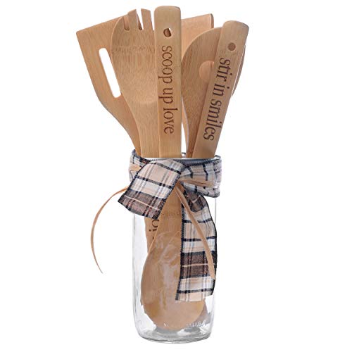 Kitchen Utensil Set - 6 Piece Bamboo Cooking Utensils Set In Traditional Mason Jar | Wooden Cooking Utensils Set For HouseWarming Gifts Christmas Gift Birthday Gift