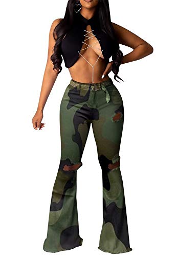 Molisry Women Camouflage Middle-Waisted Bell Bottom Stretchy Bodycon Bootcut Flare Long Pants