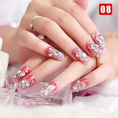 Belity 24pcs Ladies Fake Nails Transparent Floral Beads Decor Diy